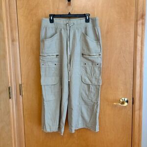 Wearables Beige Linen Blend Capri Pants Womens Large Cargo Drawstring‎